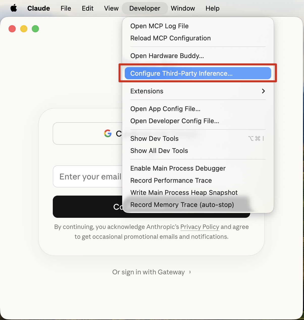 Open the Third-Party Inference settings from the Developer menu