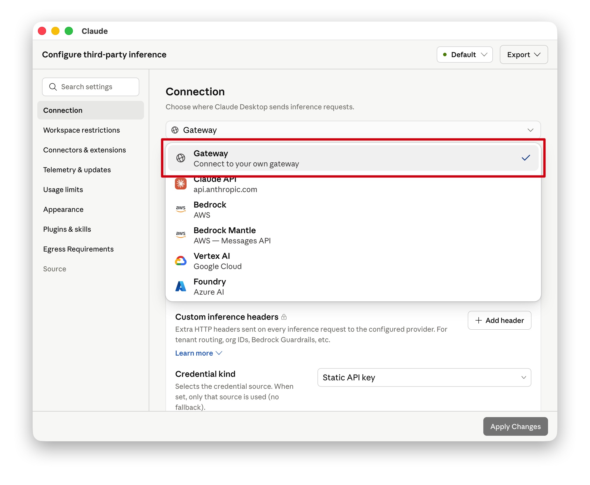 Choose the API connection under Connection