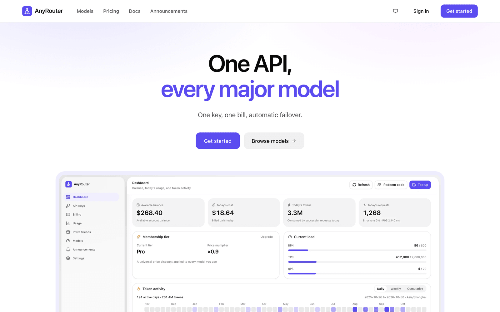 AnyRouter platform home page showing the unified API, protocol compatibility, and a request example