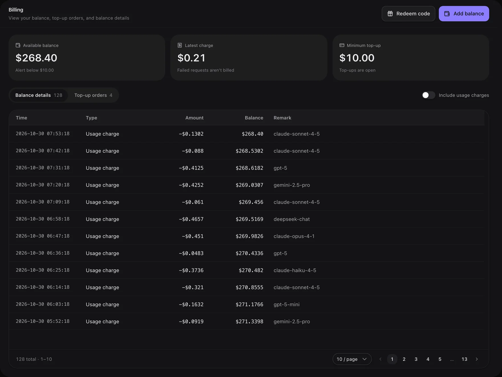 Billing page